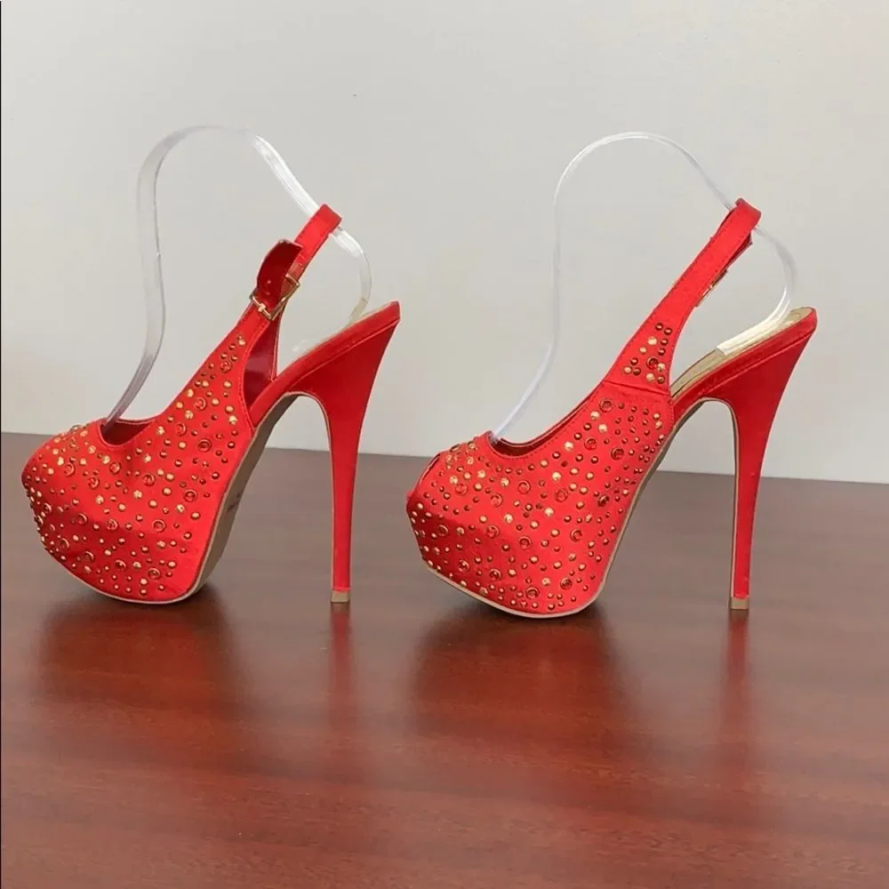 Liliana , Red Jeweled Silk Platform Shoe